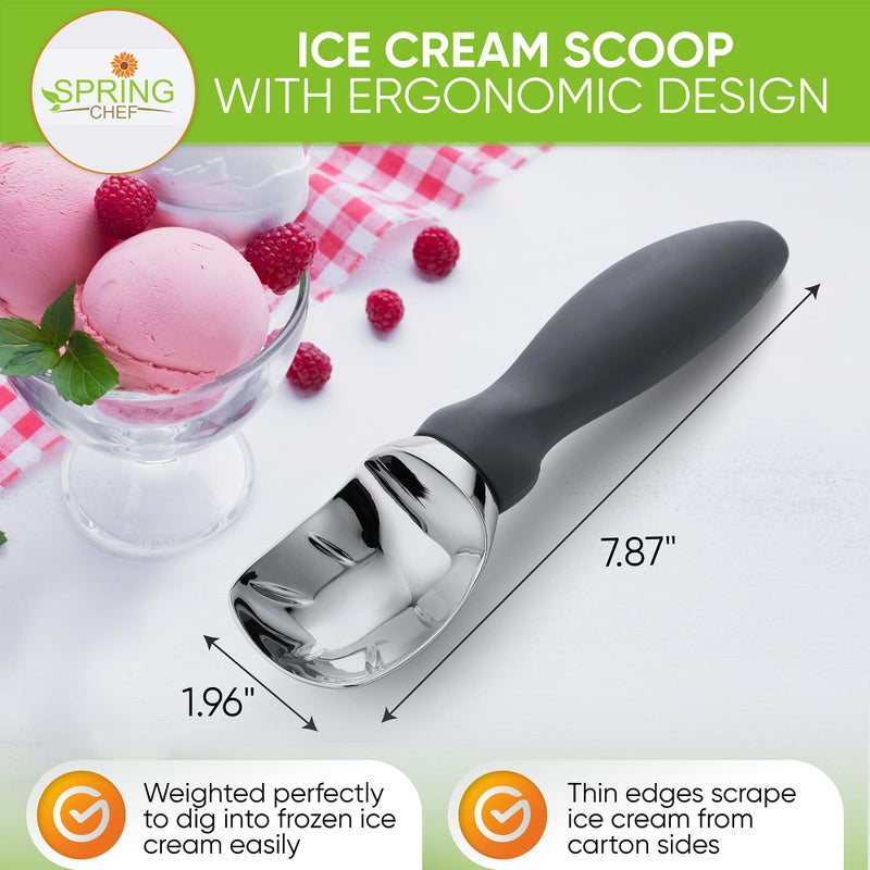 Spring Chef Gray Heavy Duty Ice Cream Scoop with Comfortable Soft Grip Handle, Dishwasher Safe Ice Cream Scooper, Professional Metal Kitchen Tool for Frozen Yogurt, Gelato, Sorbet, Sundae, Melon - Image 2